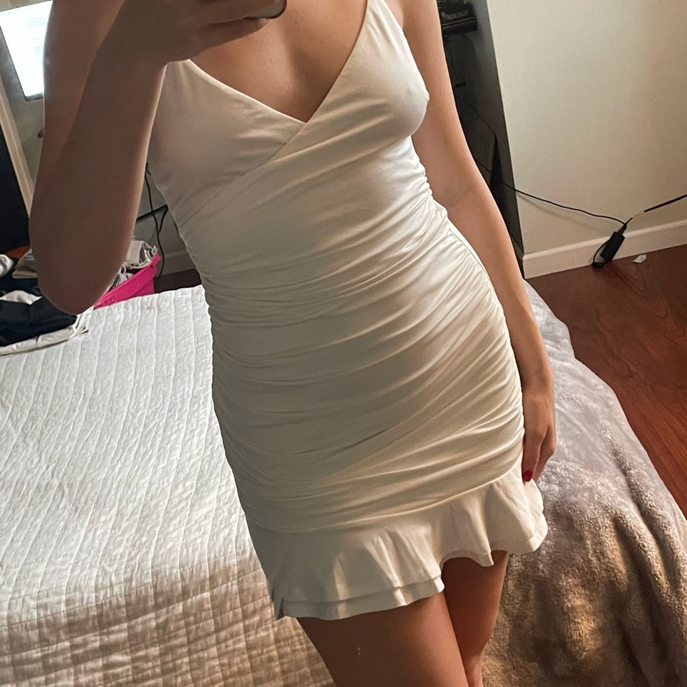 Chic White Ruched Mini Dress